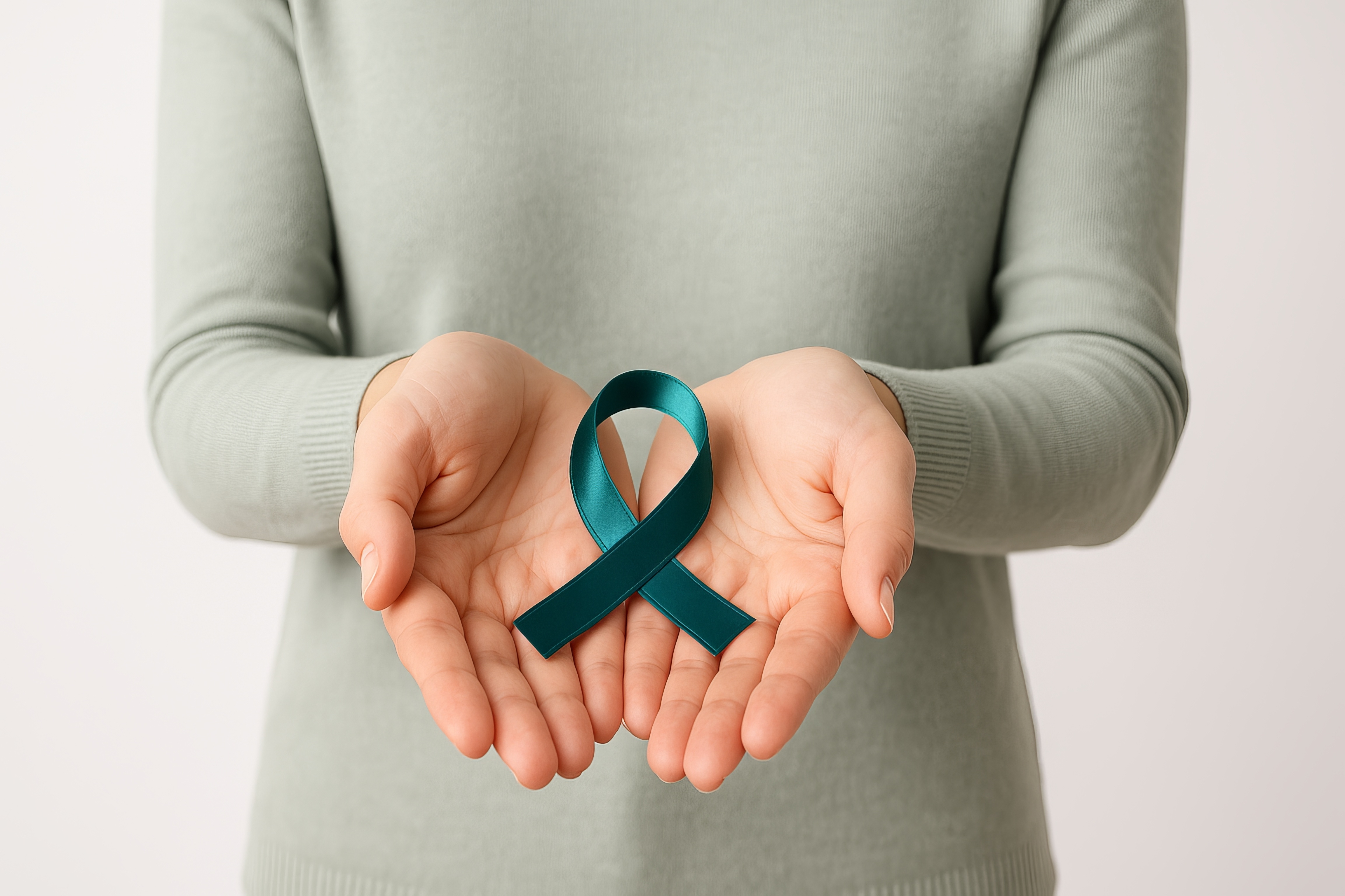 Hands holding teal ribbon